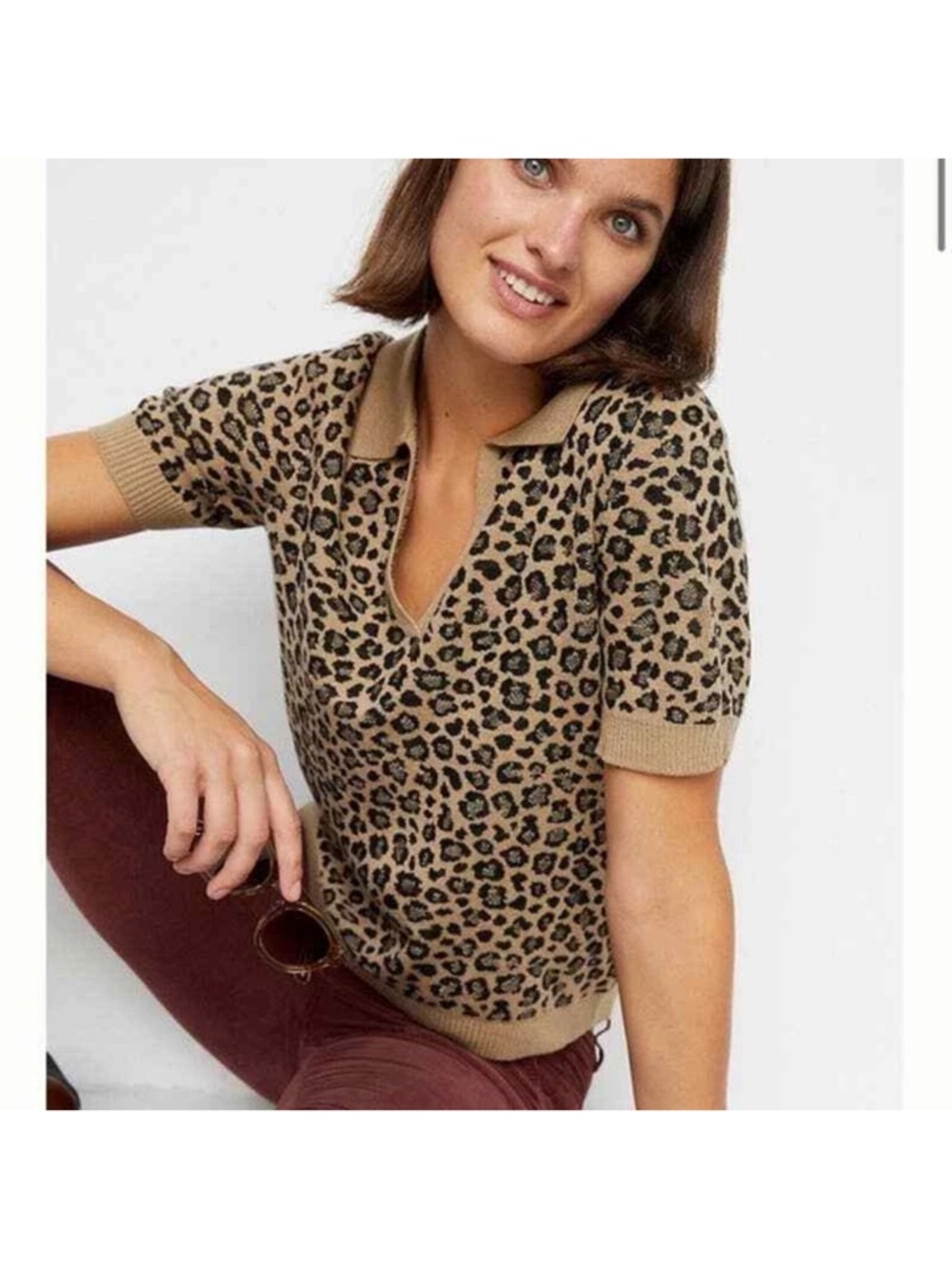 Anthropologie Liv Knit Leopard Short Sleeve V-Neck Polo Size XS